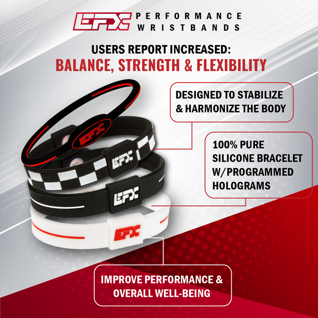 EFX Performance Sport Wristband made of 100% Pure Silicone w/2 Programmed Holograms for Increased Balance, Strength & Flexibility | See Chart for Sizing - Checkers (Black/White)